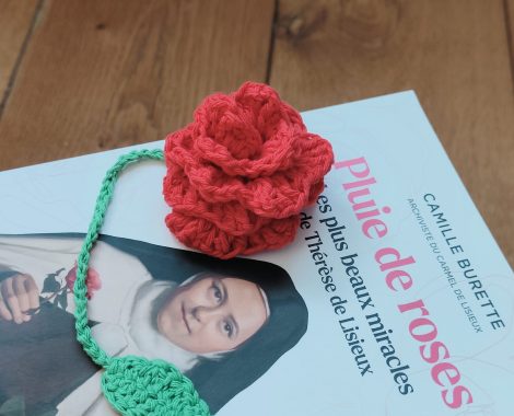 Réalisation à l'atelier Rosáfil : rose décorative en tricot