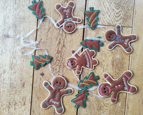Réalisation en broderie à l'atelier Rosáfil : famille en pain d'épices Noël